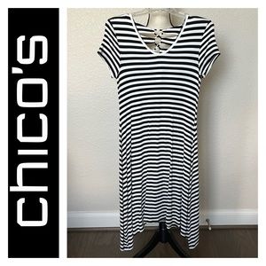 Chico’s Black White Striped Criss Cross Tie Short Sleeve Dress
